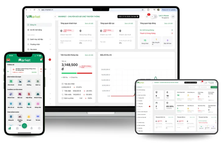 Phần mềm quản lý chợ VMarket trên máy tính, máy tính bảng và điện thoại